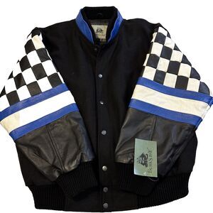 Burk's Bay Men's Black Wool & Leather B&W Checkered Sleeve Racing Jacket L NWT